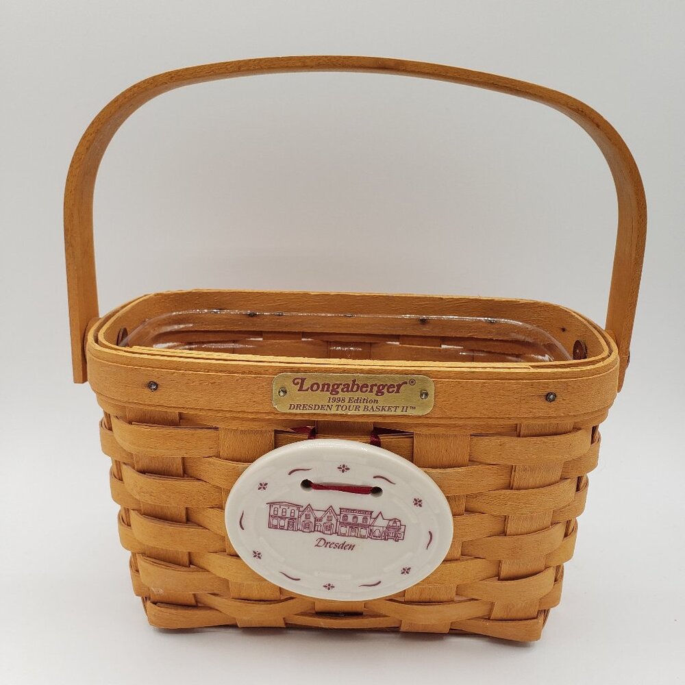 VTG 1998 Longaberger Dresden Basket with Swing Handle, Protector, Tie-On EUC /BB